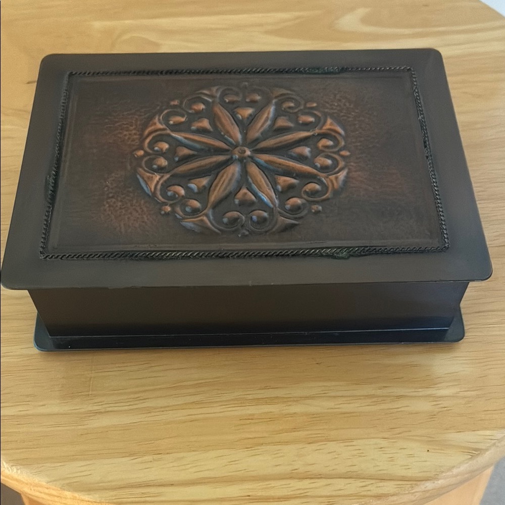 Polish Brown Metal Decorative Box With Hinged Lid -Vintage